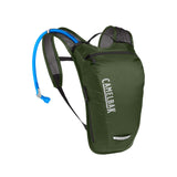 Olive green CamelBak HydroBak hydration pack with blue drinking tube, ideal for mountain biking and trail adventures.