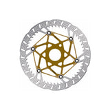 High-performance mountain bike brake rotor with gold aluminum spider and steel outer ring