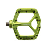 Green Race Face Atlas mountain bike pedal with topographic design, featuring durable aluminum construction and multiple grip pins for trail riding.