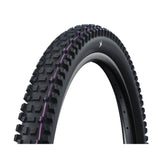 Mountain bike tire with purple sidewall stripe and aggressive tread pattern