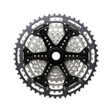 Black and silver mountain bike cassette with multi-speed gears for trail riding