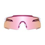 White framed cycling sunglasses with pink mirrored lenses