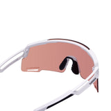 Close-up of white Shimano cycling glasses with red-tinted lenses.