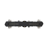 Black mountain bike dropper post remote with silver actuator buttons and cable housing ports
