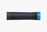 Black textured bike grip with blue end cap, ideal for mountain biking and trail rides