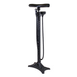 Black floor pump for bike tires with ergonomic handle and stable base