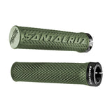 Olive green Santa Cruz bike grips with textured pattern and brand logo