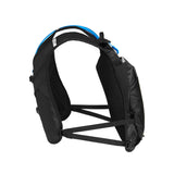 Black hydration pack with blue tube, mesh back panel, and adjustable straps for mountain biking