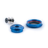 Blue Hellbender 70 bike headset components with black and silver parts on white background