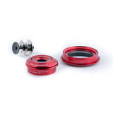 Red Hellbender 70 bike headset components with black and silver parts on white background