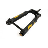 Black and yellow mountain bike suspension fork with bold branding