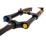 Öhlins mountain bike suspension fork with blue and yellow accents