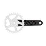 White bicycle chainring with a black crank arm on a white background