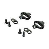 A set of black metal bicycle pedal cleats and mounting screws on a plain white background.