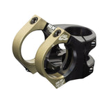 Gold and black mountain bike stem with zero gap lower clamp design