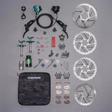 SRAM brake kit with rotors, levers, tools, and brake oil for bike maintenance and upgrades