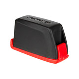 Black and red bike component with embossed text, ideal for mountain biking accessories