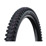 Mountain bike tire with purple sidewall stripe and aggressive tread pattern
