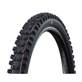 Mountain bike tire with purple stripe and aggressive tread pattern for off-road performance