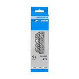 Shimano CN-HG93 9-speed bicycle chain in blue and silver packaging