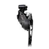 Black mountain bike rear derailleur with pulley wheels, precision gear shifting component