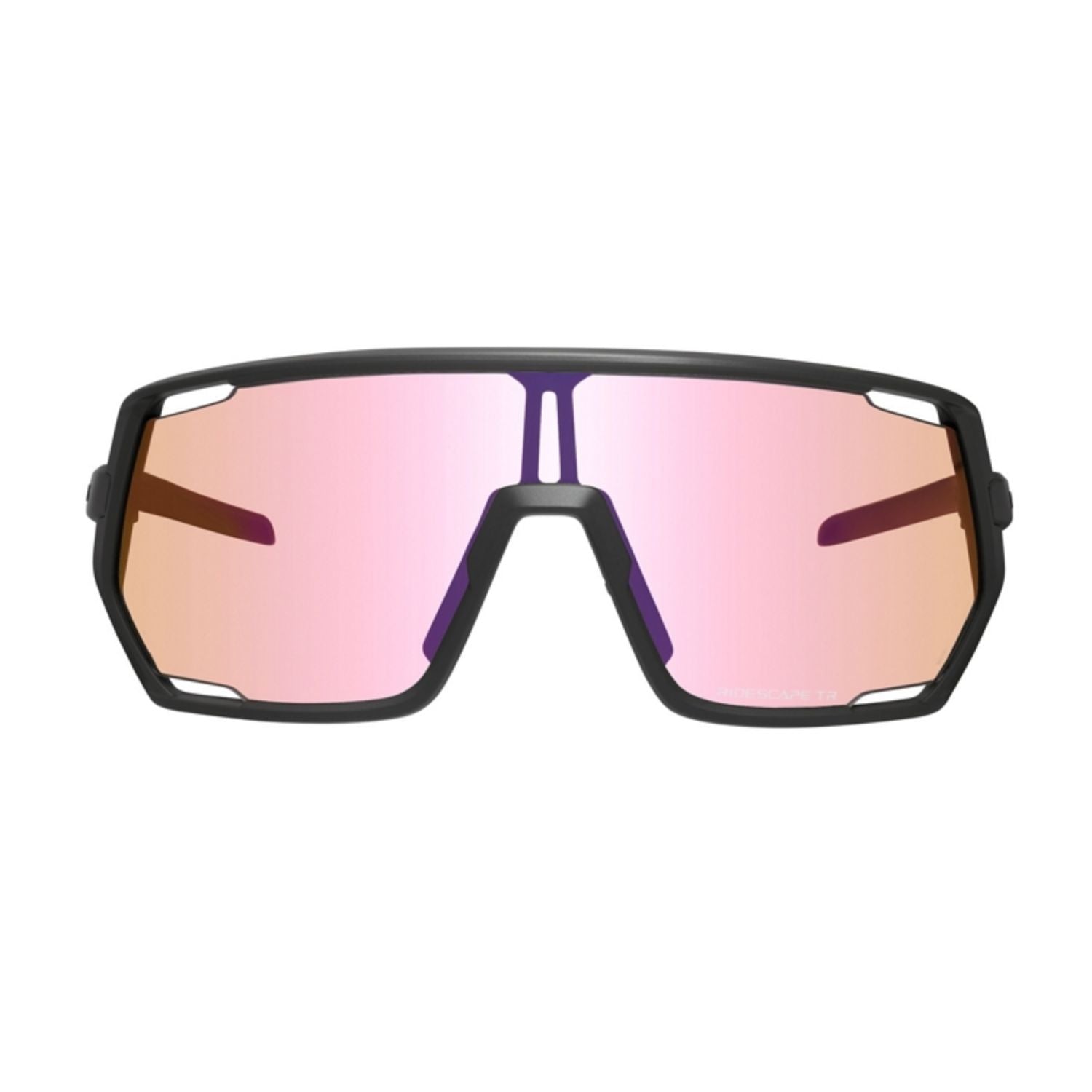 Black sports cycling sunglasses with pink mirrored lenses