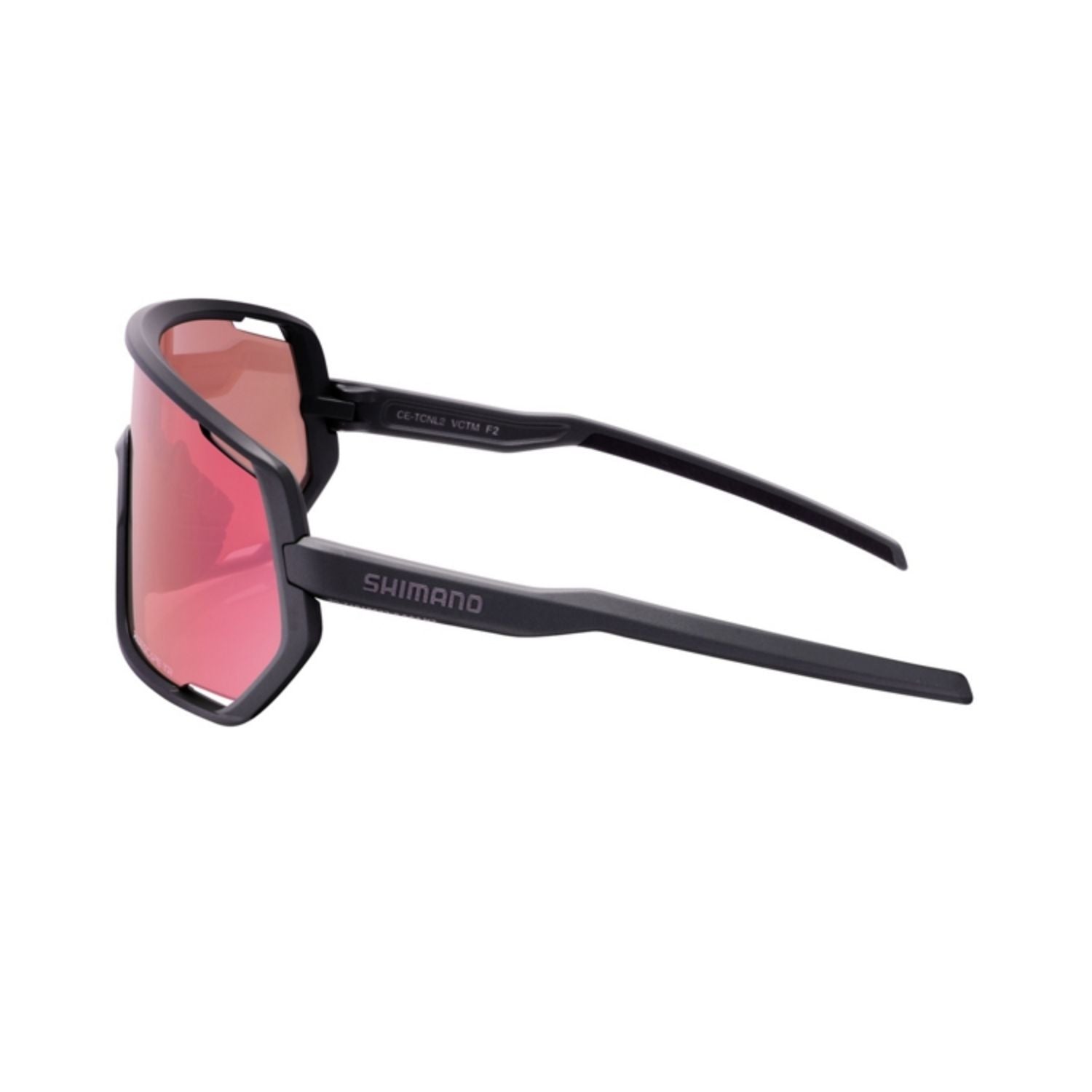 Side view of Shimano cycling sunglasses with red mirrored lenses and black frames.