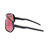 Side view of Shimano cycling sunglasses with red mirrored lenses and black frames.
