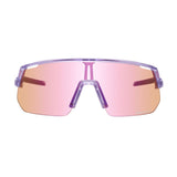Purple-framed cycling sunglasses with pink and orange gradient mirrored lenses