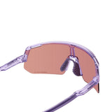 Close-up of purple Shimano cycling sunglasses with rose-tinted lenses
