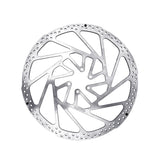 Metallic bicycle disc brake rotor with geometric cutouts and precision holes for optimal performance