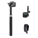 Black dropper seatpost with remote lever and battery pack for mountain bikes