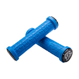 Blue Race Face bike grips with textured design and black end caps for mountain biking